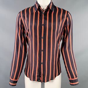 BAGUTTA Size S Black Red Beige Stripe Silk Curved Cutaway Long Sleeve Shirt